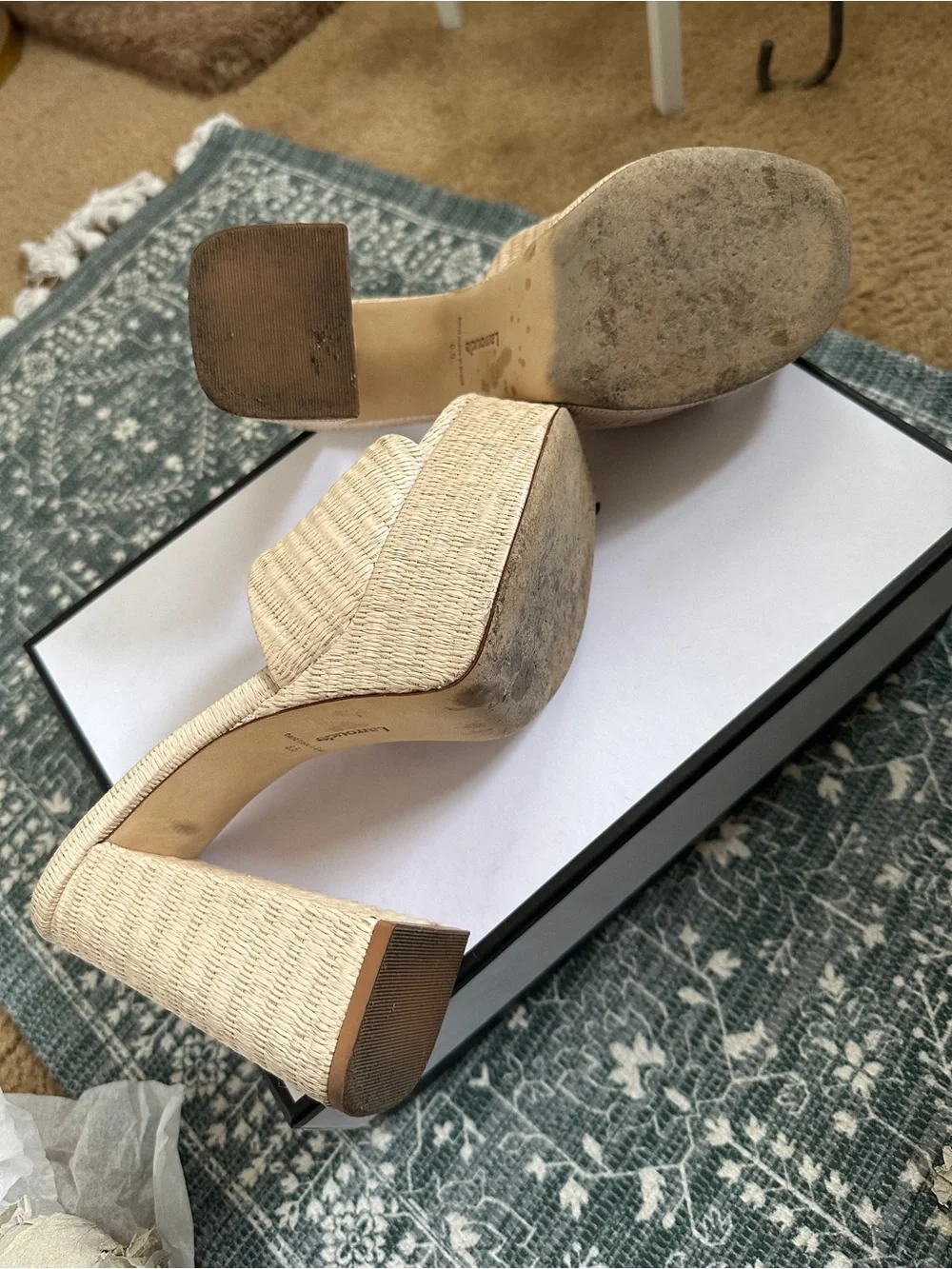 Larroude Natural Raffia Platform Block Heel Slides